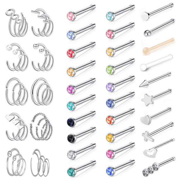 ZS 60Pcs/Set Crystal Nose Hoop Rings Heart Star Cross Nose Corkscrew/Nose Bone/ LShape Nose