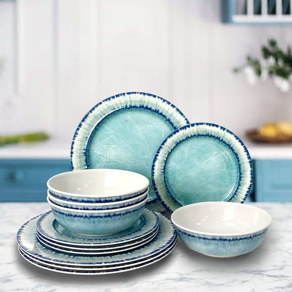 Sunlit Melamine Dinnerware Set of 12 Pcs Dinner Dishes Set for Indoor and Outdoor Use, Dishwasher Safe, Lightweight Unbreakable, BPA Free, Light Blue