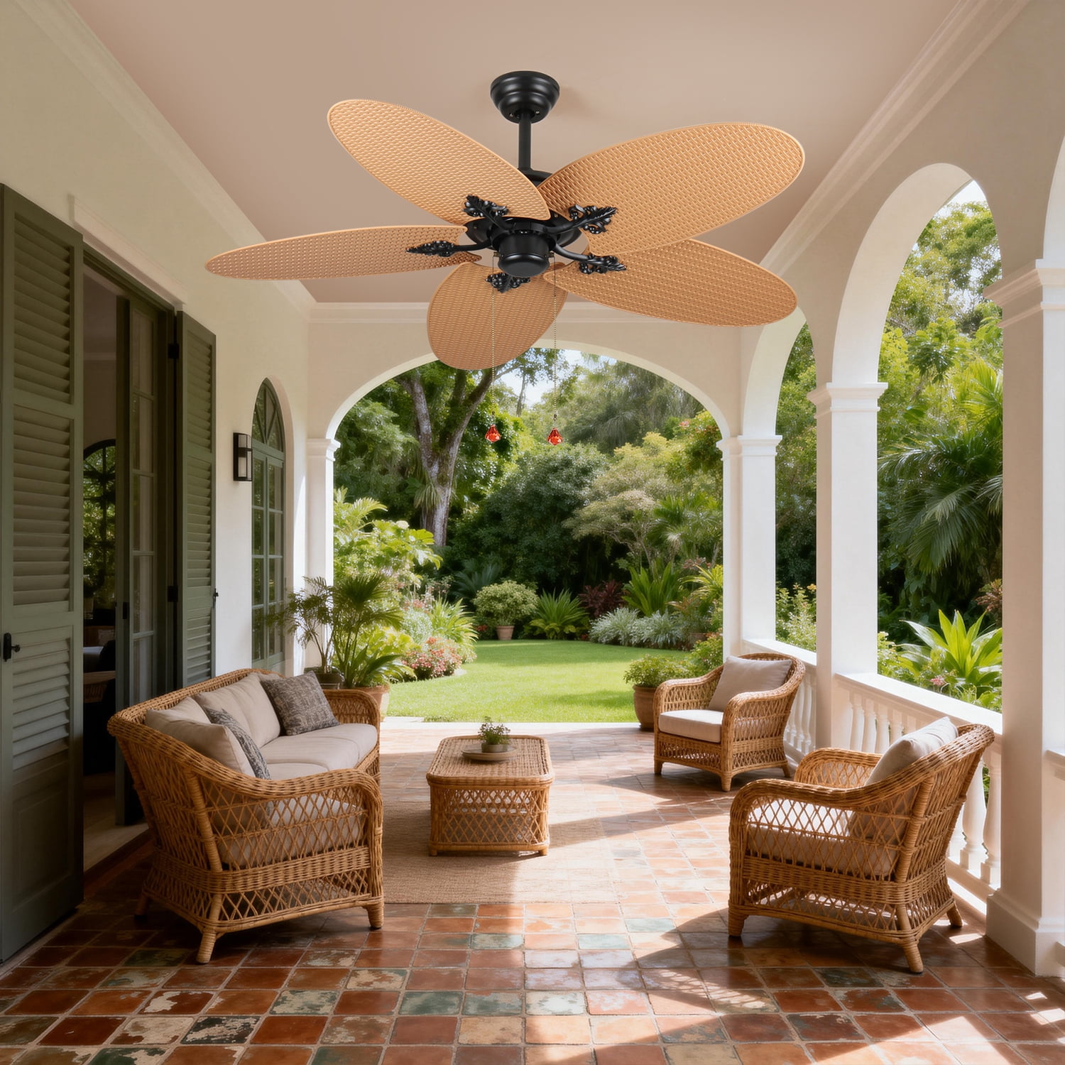 52 Inch Tropical Ceiling Fan with 5 Palm Leaf Blades, Indoor Outdoor No Light Fan, Pull Chain Control, Dual Mounting Options, Ideal for Patios and Bedrooms