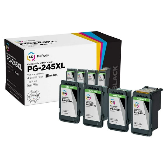 LD Compatible Replacement InkPods for Canon PG-245XL High Yield (Black, 4-Pack with OEM printhead)