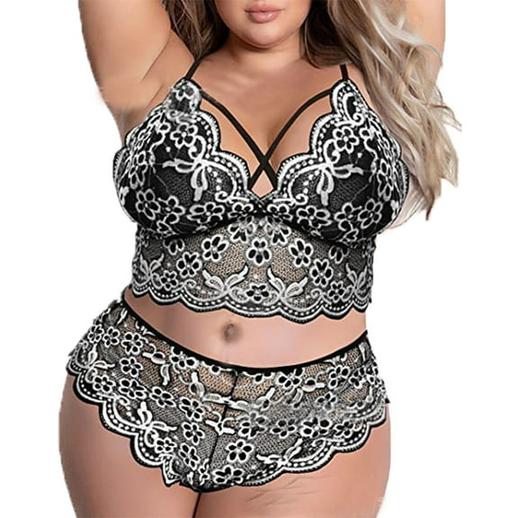 JSGEK Plus Size Lingerie Set for Women High Waisted Bra and Panty Set Criss-Cross Lace Bralette Sets 2 Piece Underwear Silver L