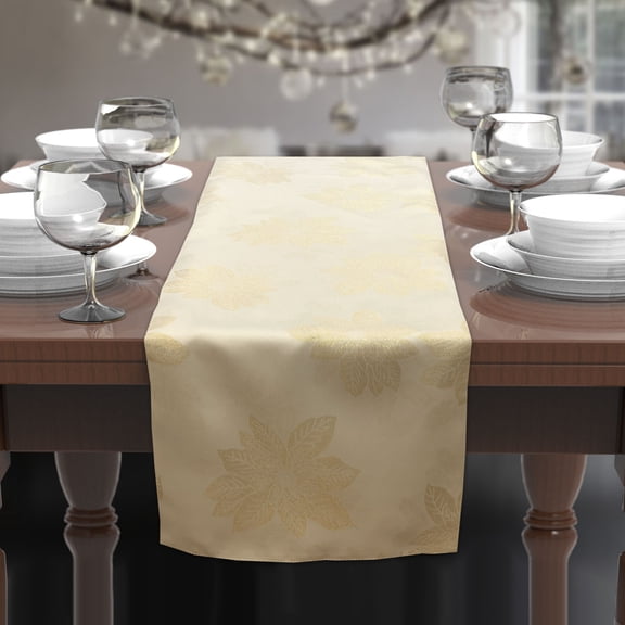 Holiday Golden Poinsettia Metallic Yarn Dyed Jacquard Woven Tablecloth and Runner (13" x 59" Runner)