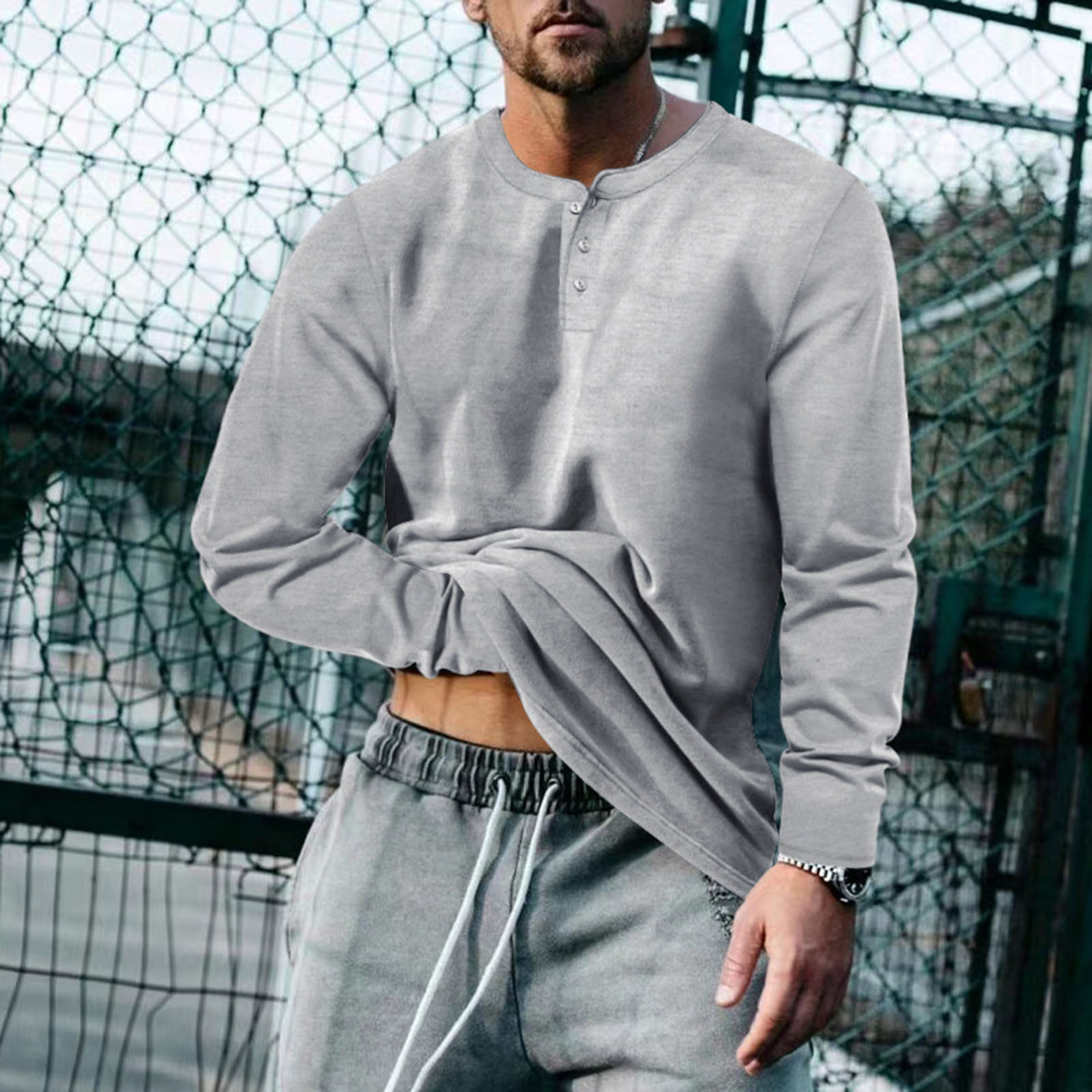 Men Clothing, Mens Long Sleeve Henley Shirts Stretch Casual 3 Button Tee Baisc Plain