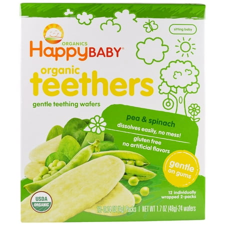 Organic Teether - Nurture Inc. (Happy Baby), Gentle Teething Wafers, Organic Teethers, Pea & Spinach, 12 Packs, 0.14 oz (4 g) Each(pack of 4)