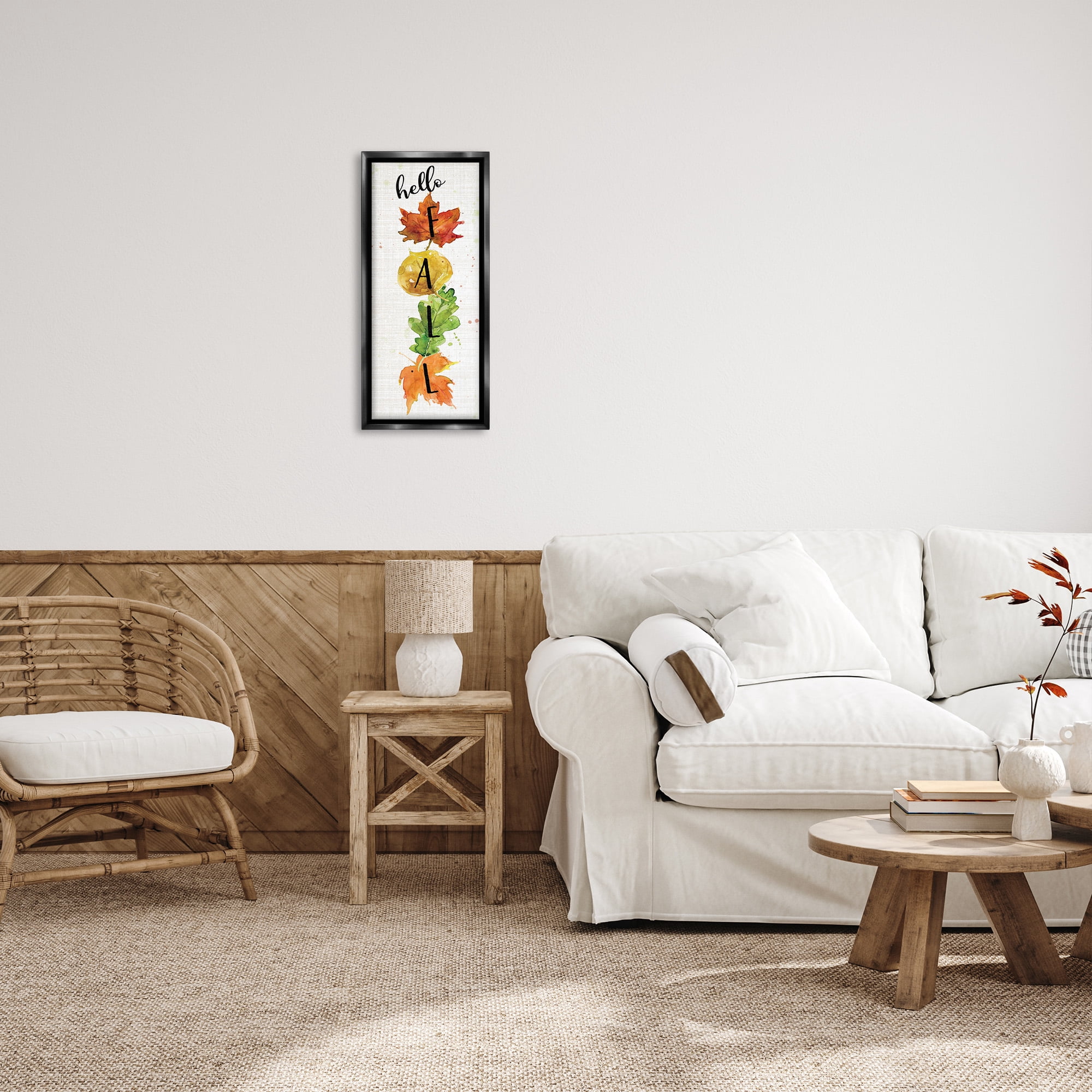Stupell Industries Hello Fall Autumn Greeting Botanical & Floral Painting Black Floater Framed Canvas Art Print Wall Art, 11 x 25
