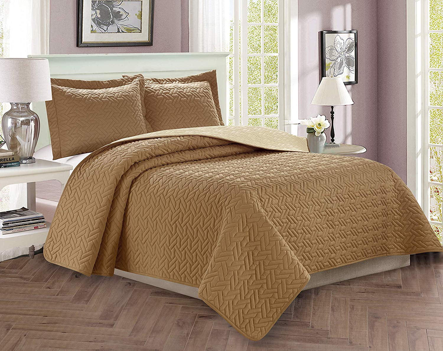 Twin Full Queen King Bed Taupe Beige Pinsonic Quilted 3 pc Comforter Set Bedding