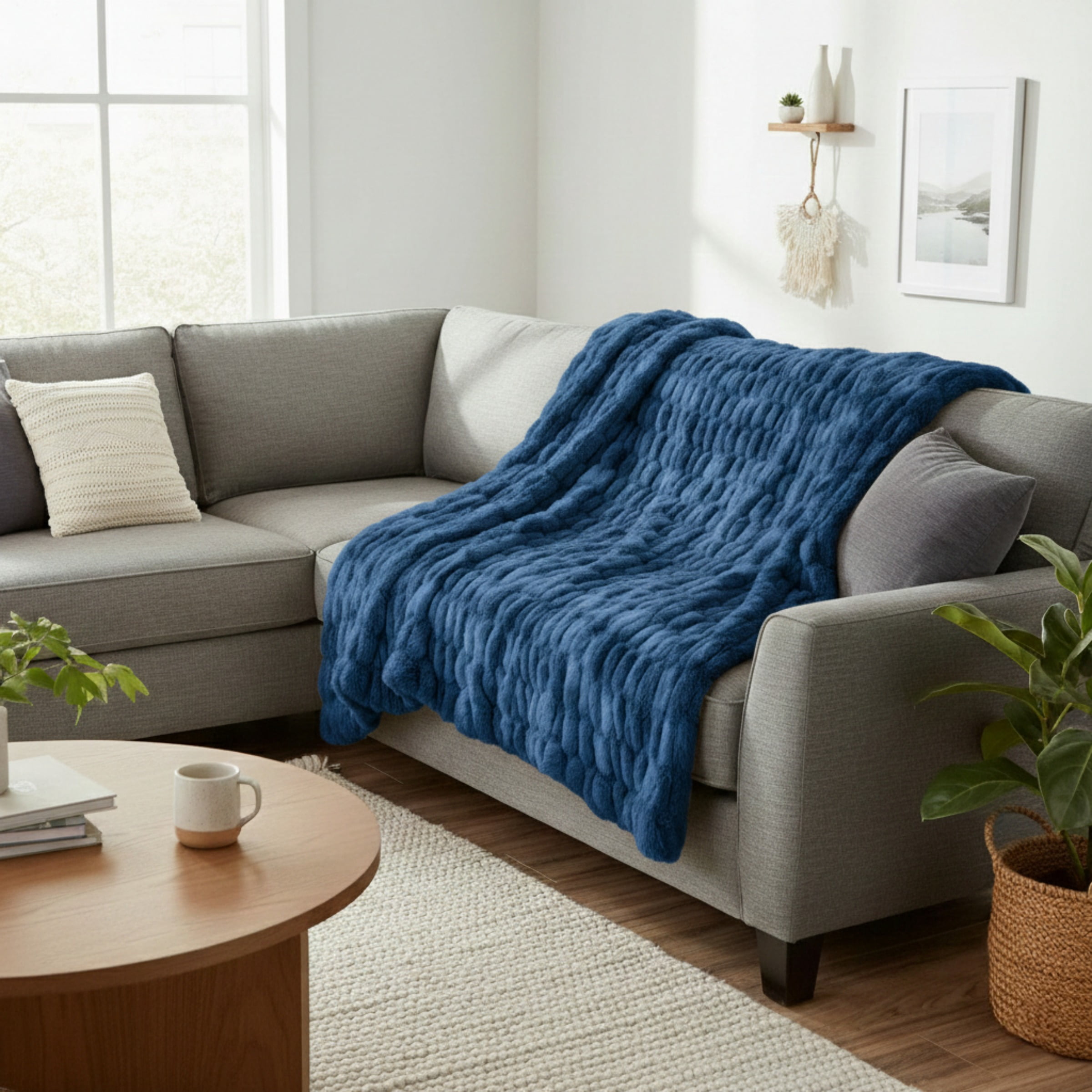 Lavish Home 60x80-Inch Ruched Faux Fur Blanket for Sofas and Beds (Blue)