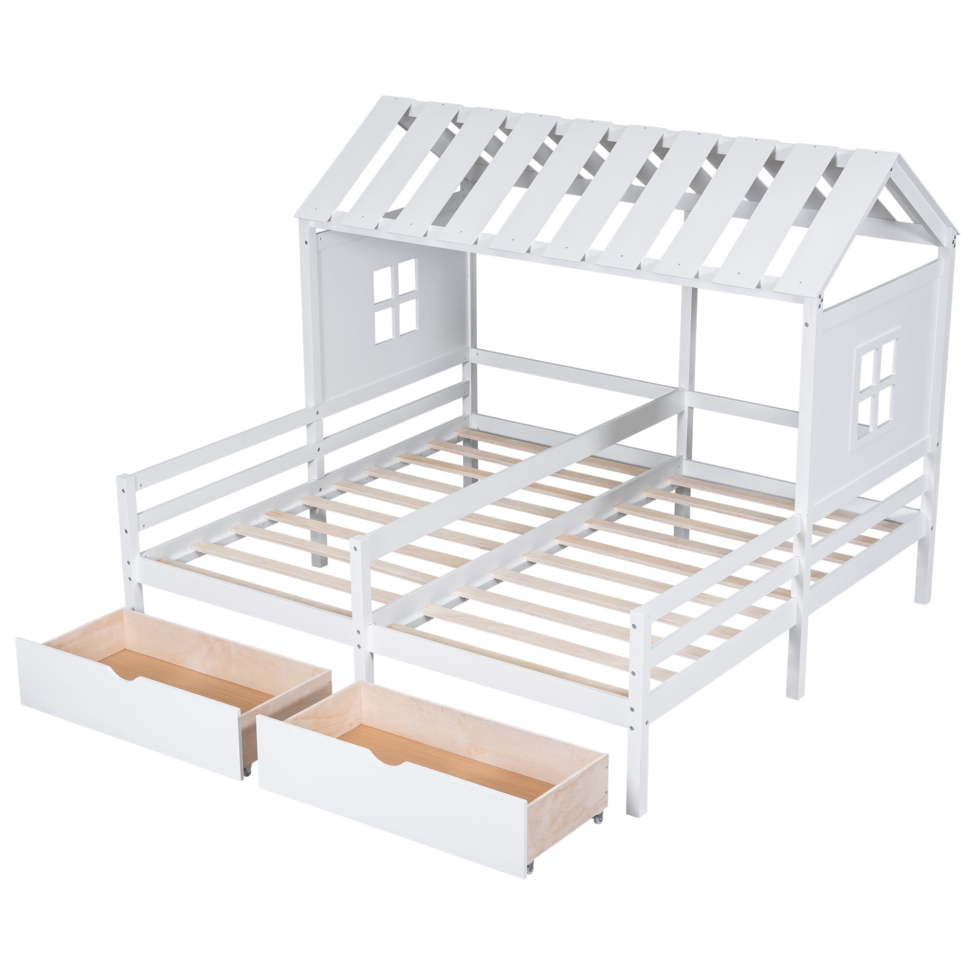 Euroco Twin Size Wood House Double Platform Beds, House Shaped Roof and Windows, 2 Drawers for Kids