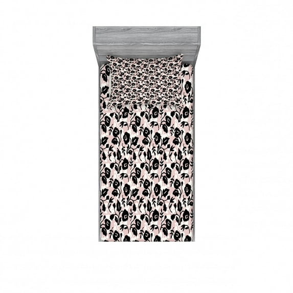 Floral Bedding Set with Sheet & Covers, Silhouettes of Hand Drawn Flowers Abstract Style Spring Blossom Corsage, Printed Bedroom Decor 2 Shams, 4 Sizes, Rose Ivory and Black, by Ambesonne