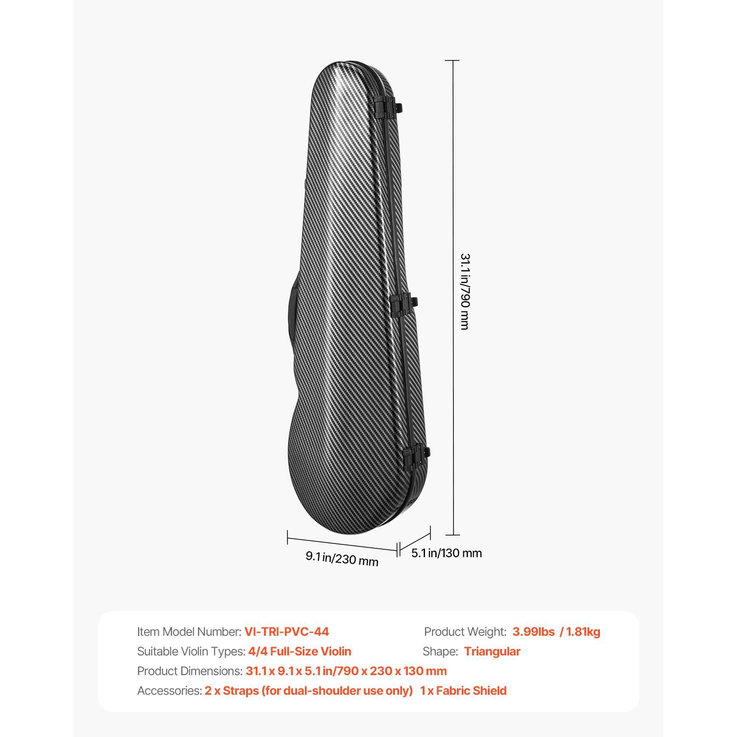 4/4 Full Size Violin Case, Built-in Hygrometer, Lightweight Portable Travel Carrying Bag, with Plush Lining, Dual Shoulder Straps, Anti-Scratch, Professional Triangular Shape, for Violin, Black