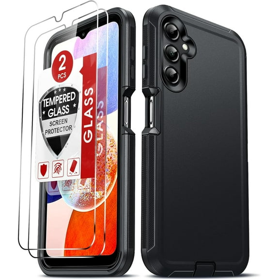 Samsung Galaxy A14 5G Cellular Phone Case, Rugged Military Protection Design with 2 Tempered Glass Screen Protectors, Black