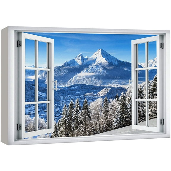 wall26 Canvas Print Wall Art Window View Snowy Mountain Range Pine Tree Forest Wilderness Nature Photography Realism Scenic Landscape Colorful Multicolor for Living Room, Bedroom, Office - 24"x3