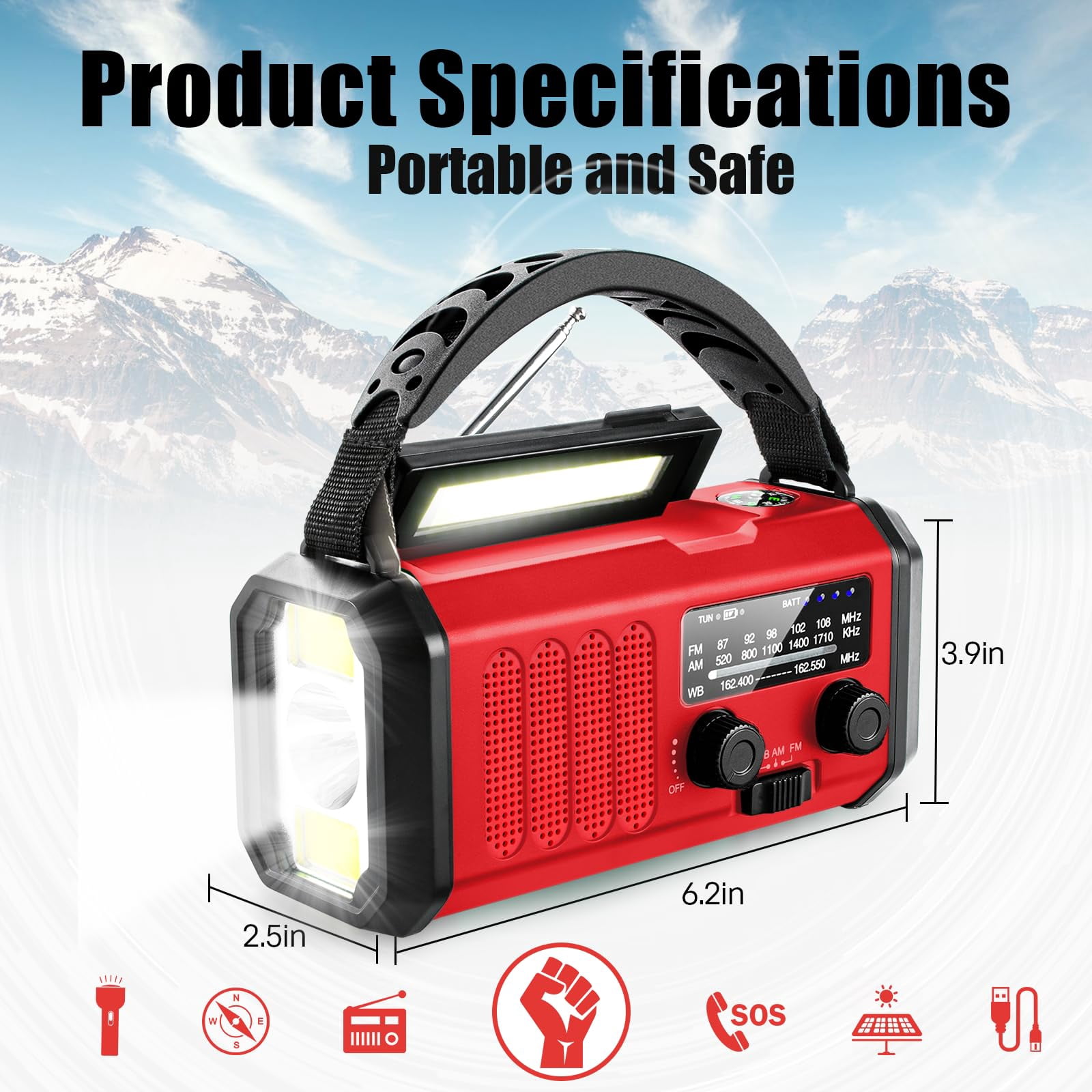 10000mah Emergency Crank Radio  Noaa/am/fm Weather Type-c Charge Solar Charging Sos 3 Modes Led Reading Lamp Compass For Outdoor (red)