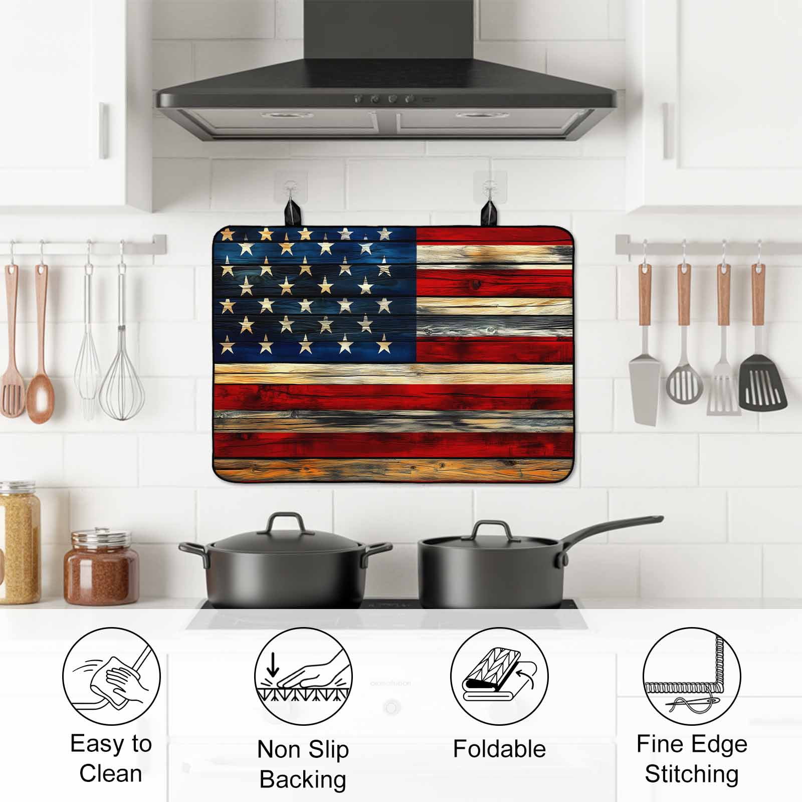 Retro American Flag Stove Top Cover for Electric Stove, Heat-proof & Non Slip Glass Top Stove Cover Protector, Blue Red USA Flag Vintage Wood Kitchen Flat Cooktop Rubber Mat 24x21 Inches