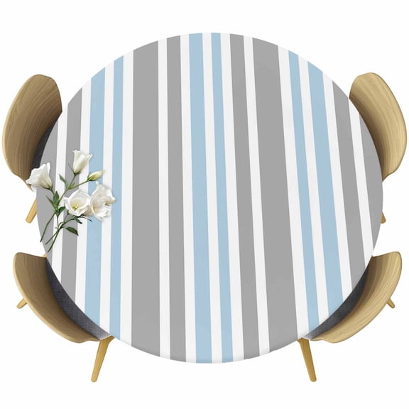 Blue Grey Stripes Round Tablecloth, Fitted Table Cover with Elastic for 55"-60" Round Tables, Simple Striped Lines Minimalist Modern Table Cloth Outdoor Indoor Dinning Party Waterproof Tablecloths