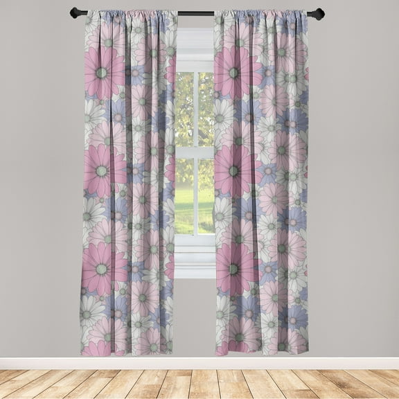 Floral Window Curtains, Hand-Drawn Style Repeating Overlapped Circular Chamomile Flowers Pattern, Lightweight Decor 2-Panel Set with Rod Pocket, Pair of - 28"x63", Soft Pink and Lavender, by Ambesonne