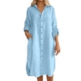 thumbnail image 2 of BUWTTER Womens Dresses Casual Summer Linen Shirt Long Sleeve Open Front Tunic Cover Up Loose Fit Maxi with Pockets Blue Dress S, 2 of 6
