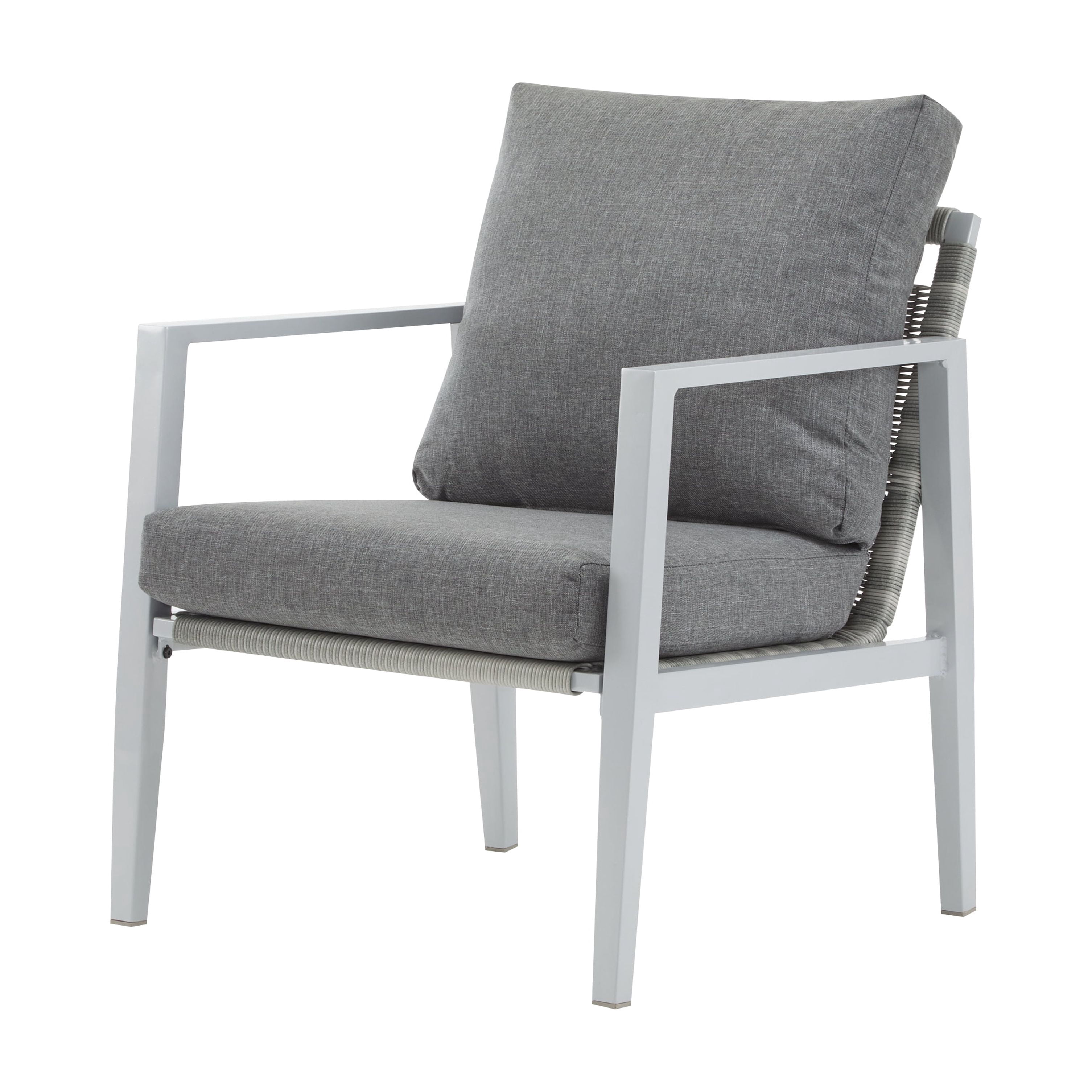 Accent Lounge Chair, Silver Aluminum Chair with Sleek Rope Details and Comfort Cushions for Patio, Silver and White