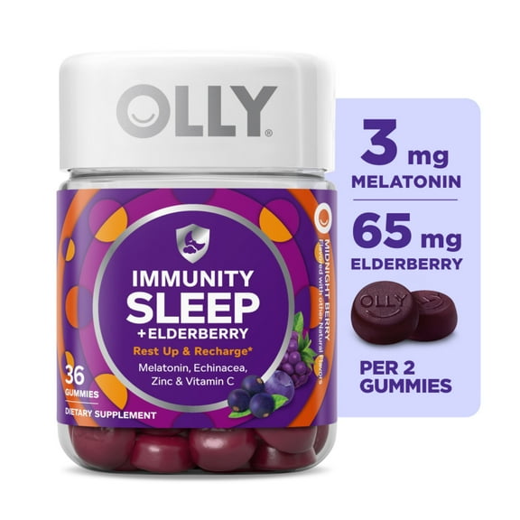 OLLY Immunity Sleep Elderberry Gummies, 3mg Melatonin, Vitamin C, Zinc, Echinacea, Midnight Berry Flavor, 36 Count