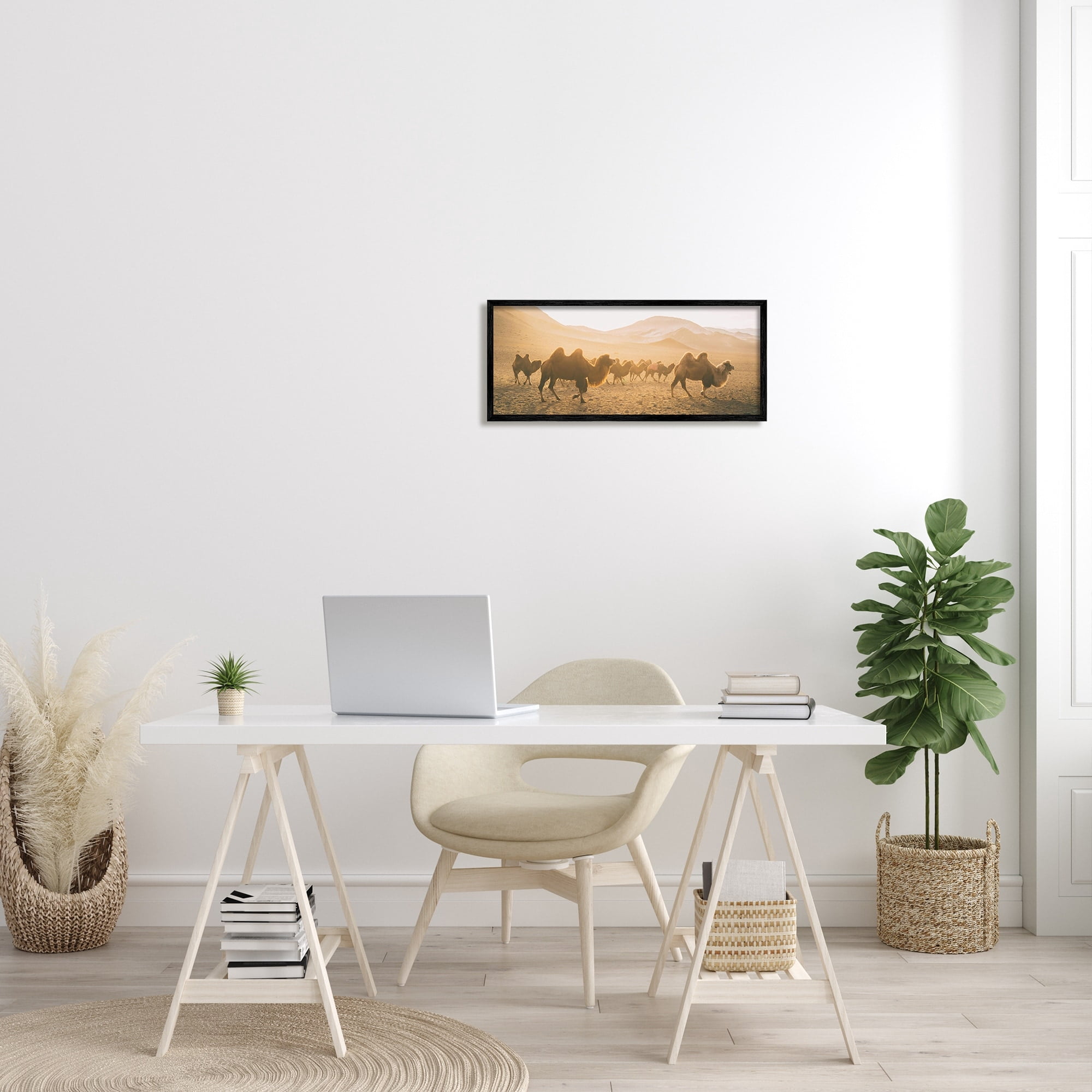 Stupell Industries Camels Marching Desert Animals Canyon Landscape Landscape Photography White Framed Art Print Wall Art, 13 x 30