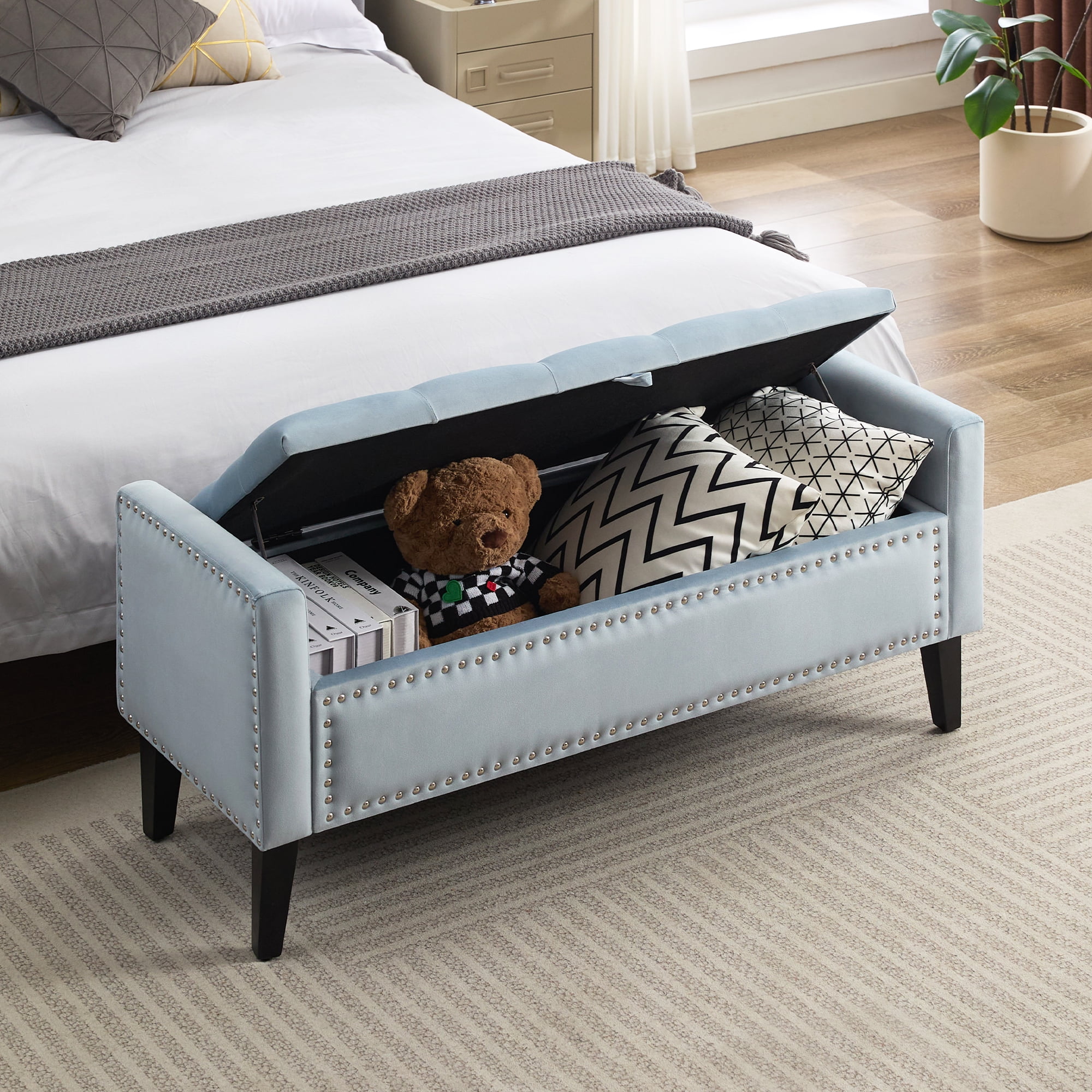 Velvet Storage Bench, Upholstered Bed Bench with Storage, End of Bed Ottoman with Wooden Legs,Bedside Storage Bench for Bedroom, Living Room, or Entryway, Blue Grey