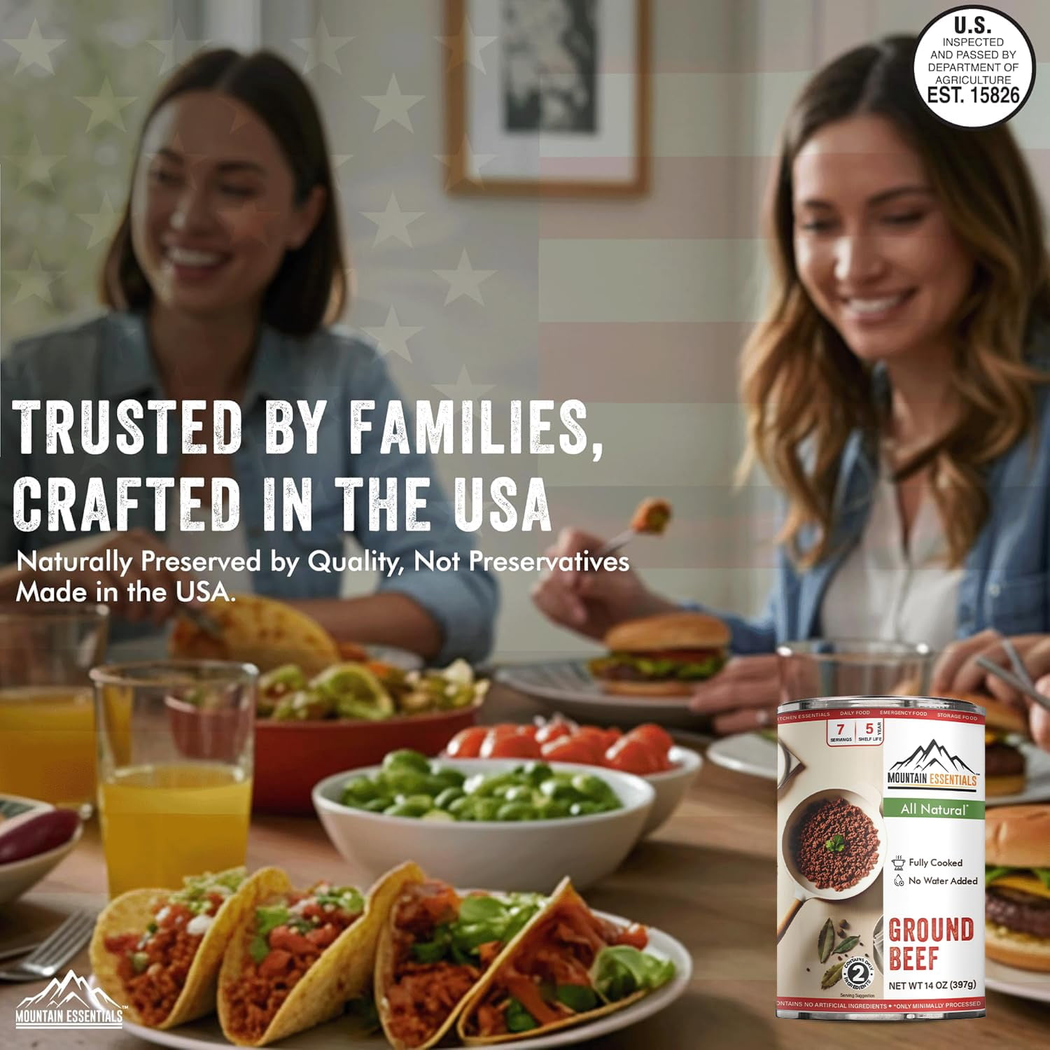 Mountain Essentials Canned Ground Beef, Fully Cooked Ready-to-Eat, 14 oz (Pack of 6), Long Shelf-Life Emergency Food