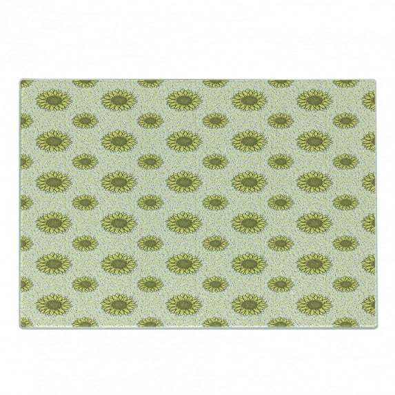 Yellow Polka Dot Cutting Board, Layout of Sunflower Silhouettes Leaves and Mini Spots, Decorative Tempered Glass Cutting and Serving Board, in 3 Sizes, by Ambesonne