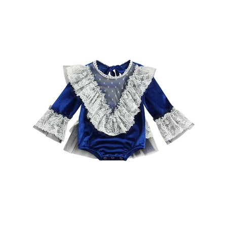 

Frobukio Infant Girls Long Sleeve Romper Sweet Style Lace Splicing Blue Jumpsuit Playsuit