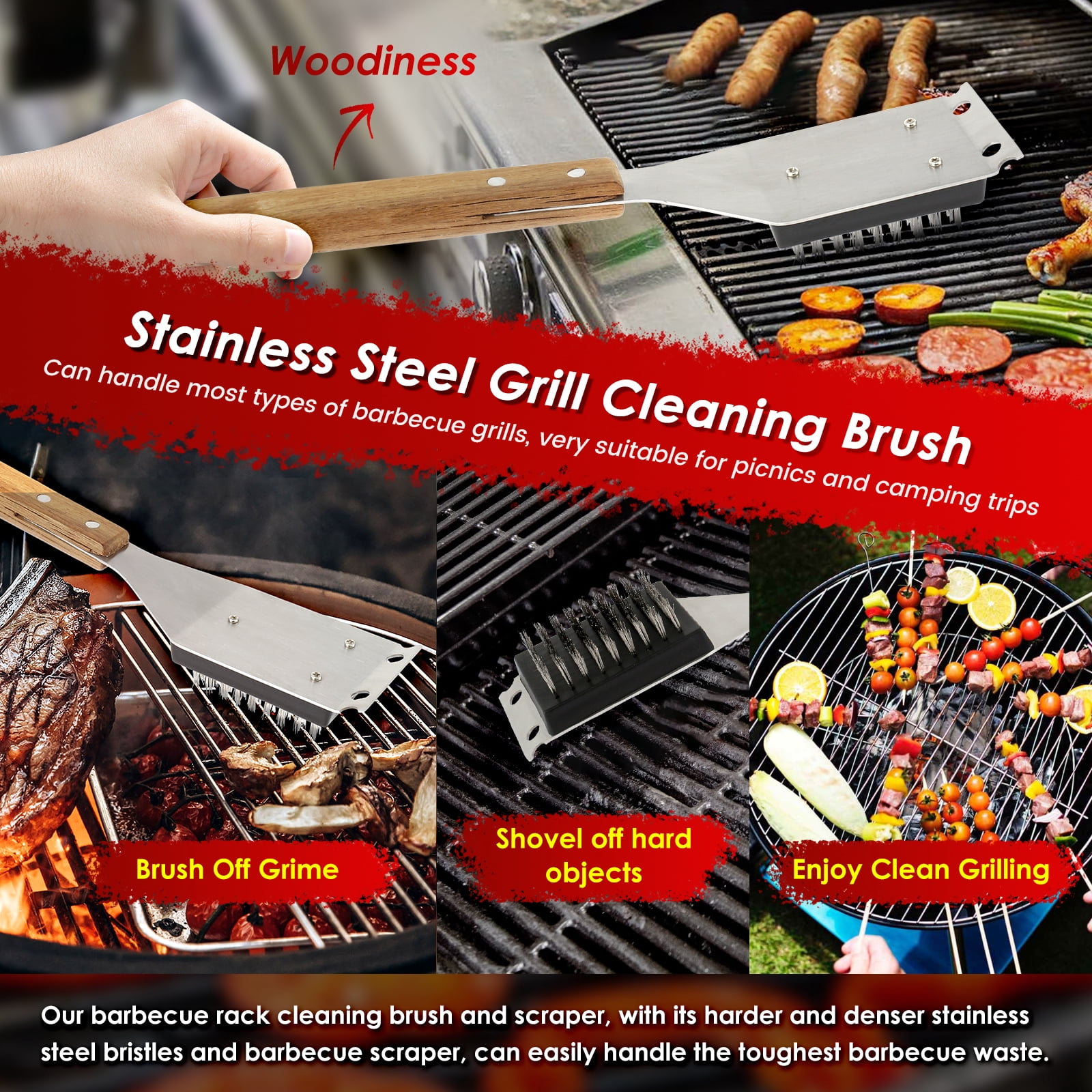 Grill Brush And Scraper 2 Pcs 15 Inch Stainless Steel Bristles Wood Handle BBQ Cleaner (asshown )
