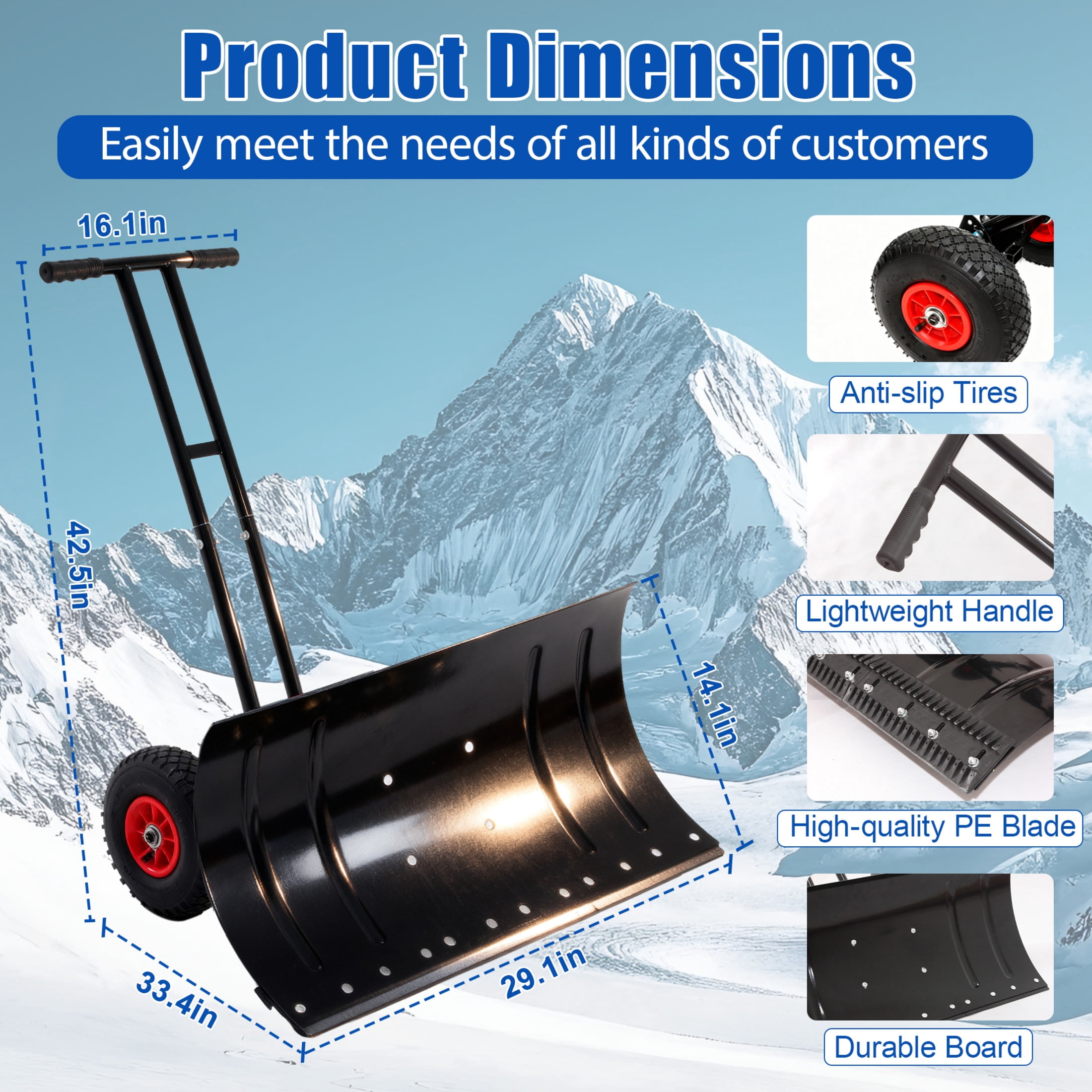 Noble House 30" Metal Snow Shovel Pusher with Double Rod, Rubber Wheels and Adjustable Handle, Heavy Duty, Black