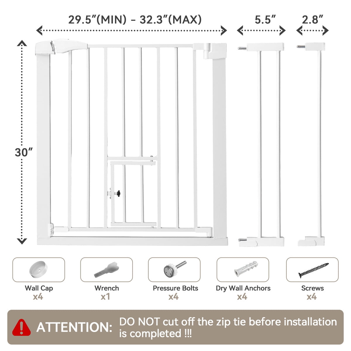Pet Safety Gate, 29.5''-40.5''Wide Pet Safety Gate with Cat Door, White