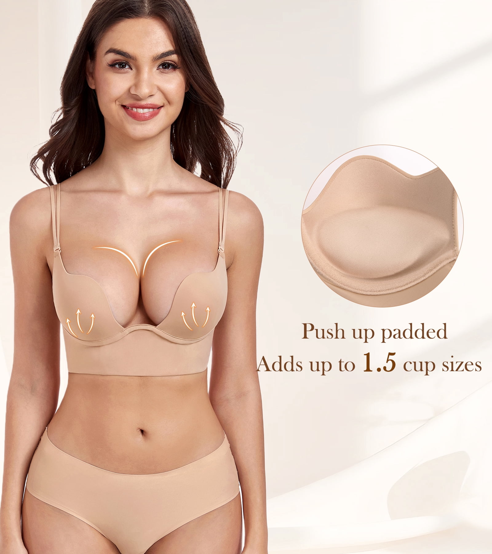 Exerin Women's Plunge Backless Bra Underwire Push Up Padded Multiway Low Back Bras(36A,Beige)