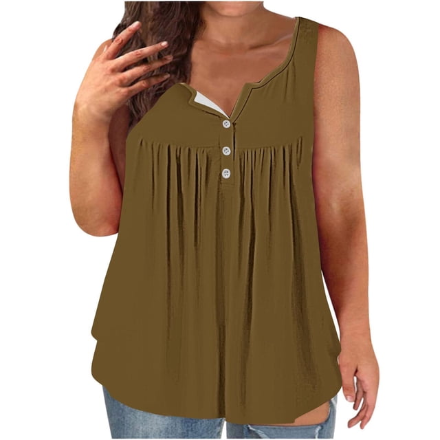 Chbgutlmr Plus Size Tank Tops for Women Round Neck Button Sleeveless Solid Color Loose Casual Summer Tops