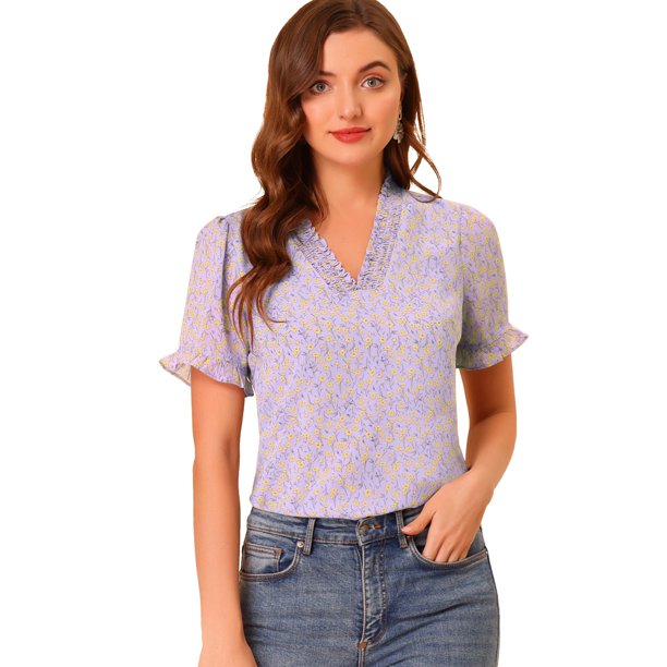 Blusa de Manga Corta Allegra K con cuello de Volante floral y Manga de burbuja para Mujer morado claro M