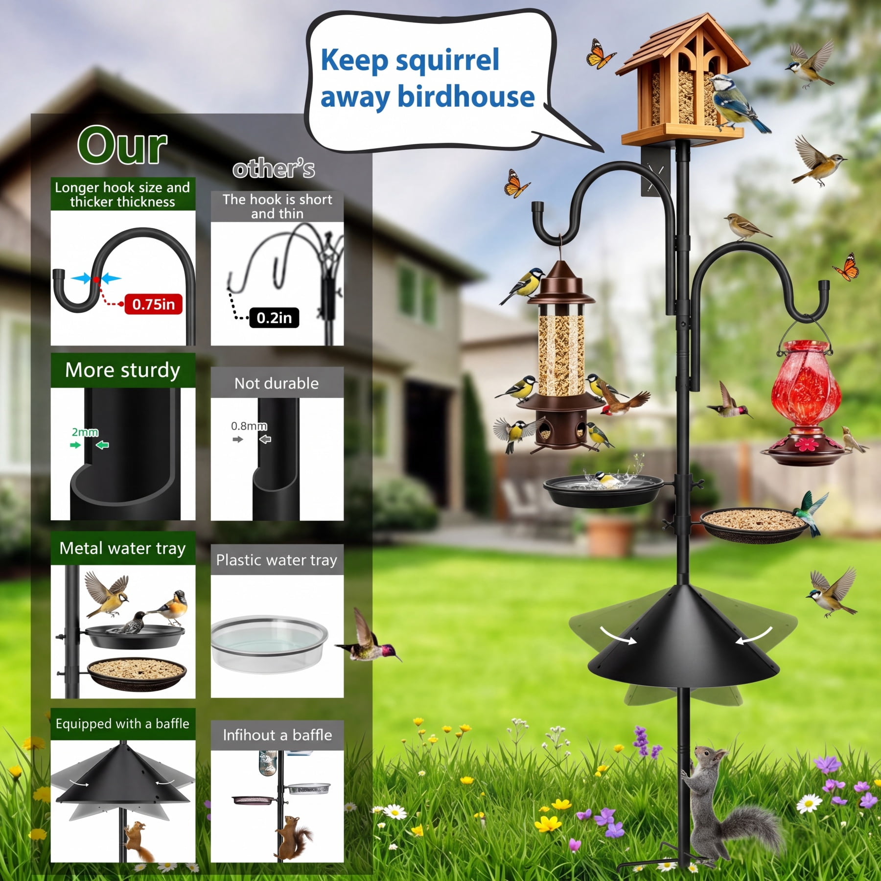 Umailgoo 92" Bird Feeding Station,Heavy Duty Bird Feeder Pole Bird House Stand Mount Kit with Squirrel Proof Baffle,Adjustable Buddy Poles for Outdoors Hanging