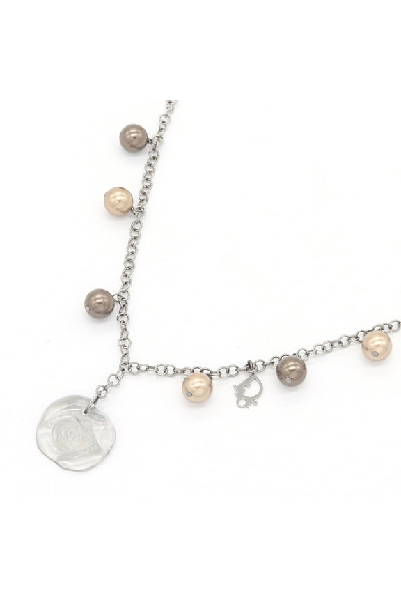Pre-Owned Christian Dior Dior Necklace D21968 Clear Crystal Brown Faux Pearl Metal Rose Choker...