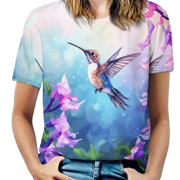 Flower Hummingbird Women's T-Shirt Short Sleeve T Shirts Tops Tee Ladies Loose T