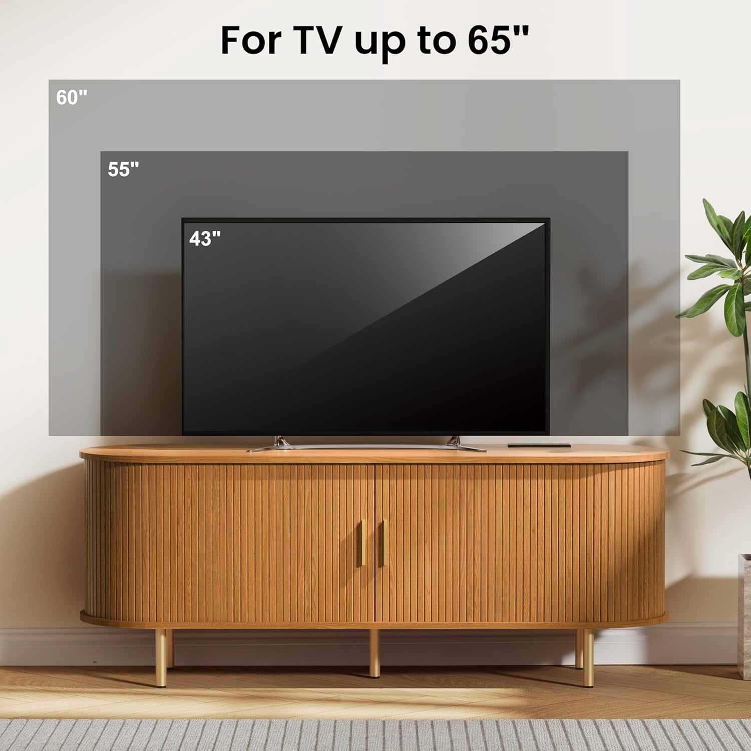 Mid Century Modern TV Stand with Power Outlet for TVs up to 60 Inch, Entertainment Center with Storage and Adjustable Shelves, Media Console with Sliding Doors for Living Room Bedroom (Yellow Walnut)