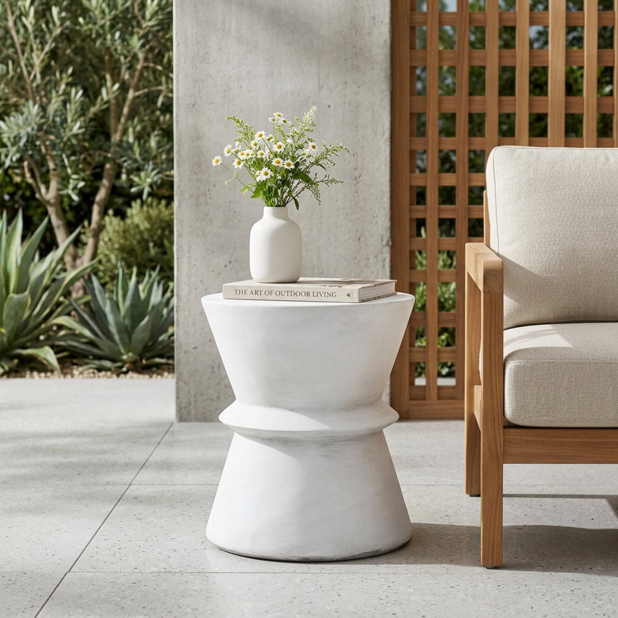 Outdoor Twisted Hourglass Side Table, Lightweight Concrete Craft for Patio Garden, White