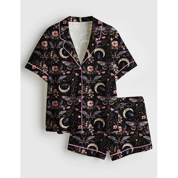Moon & Moth Print Pajama Set | Short & Long Pants Boho Sleepwear for Women