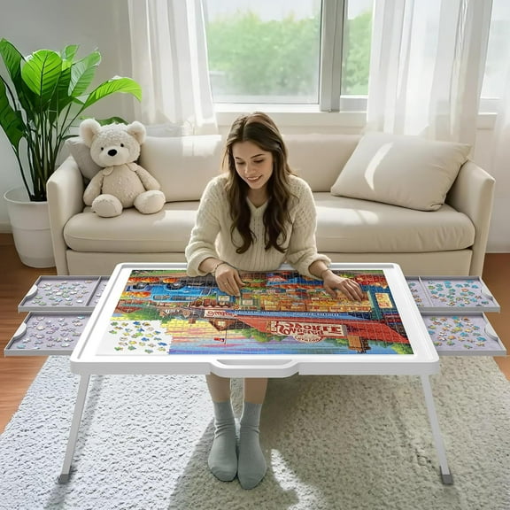 1500 Piece Puzzle Table with Foldable Legs, Divided Drawers, Extra Felt Trays, Protective Cover, 33.3" x 25.4", ABS Plastic, White