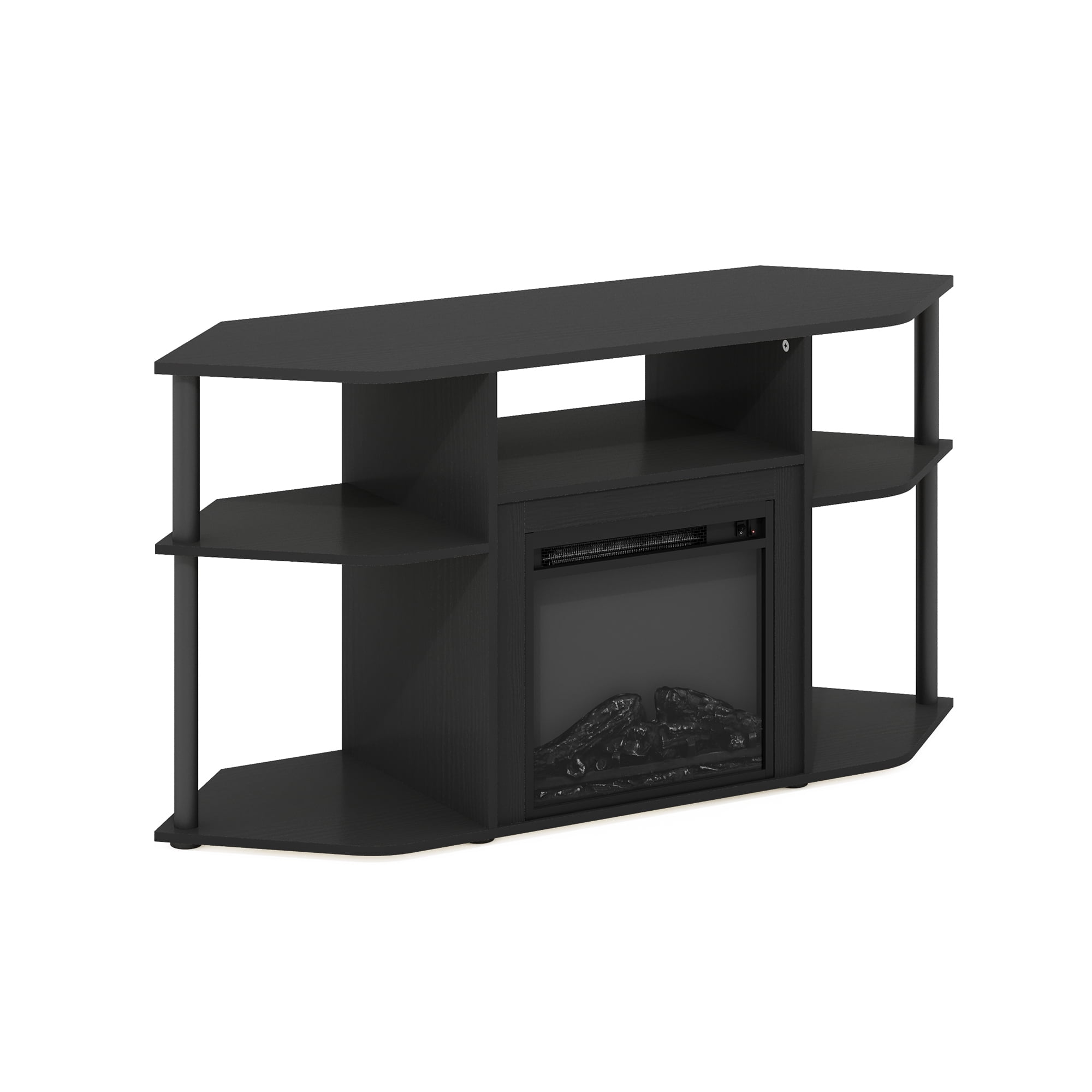 Furinno Jensen Open Storage Corner Fireplace TV Entertainment Center with Plastic Poles for TV up to 55 Inch, Americano/Black