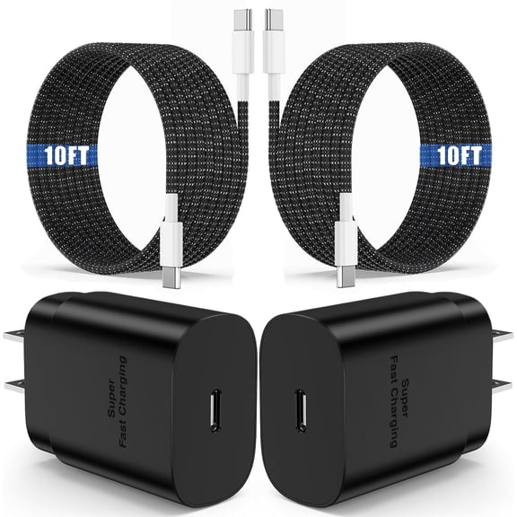 Super Fast Charger Type C, 2Pack 25W USB C Fast Charging Block Wall Charger with 2*10FT Android Charger Cable Compatible with Samsung Galaxy S26/S25/S24/S23 Ultra/S23 /S22/S21/S20/iPhone 17/16 Case