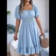 thumbnail image 5 of Vestido Corto Bohemio de Verano para Mujer, con Escote Cuadrado, Mangas Abullonadas, Hombros Descubiertos, Fruncido, Informal, de Corte A, con . Azul L, 5 of 10