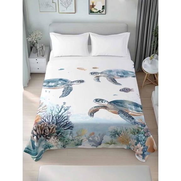 Sea Turtle Coastal Full Size Flat Sheet, Wrinkleproof & Fadeproof Cooling Flat Bed Sheet Only, Summer Beach Coral Ocean Blue Nautical Breathable Soft Bedding Top Sheets 81 x 96 Inches