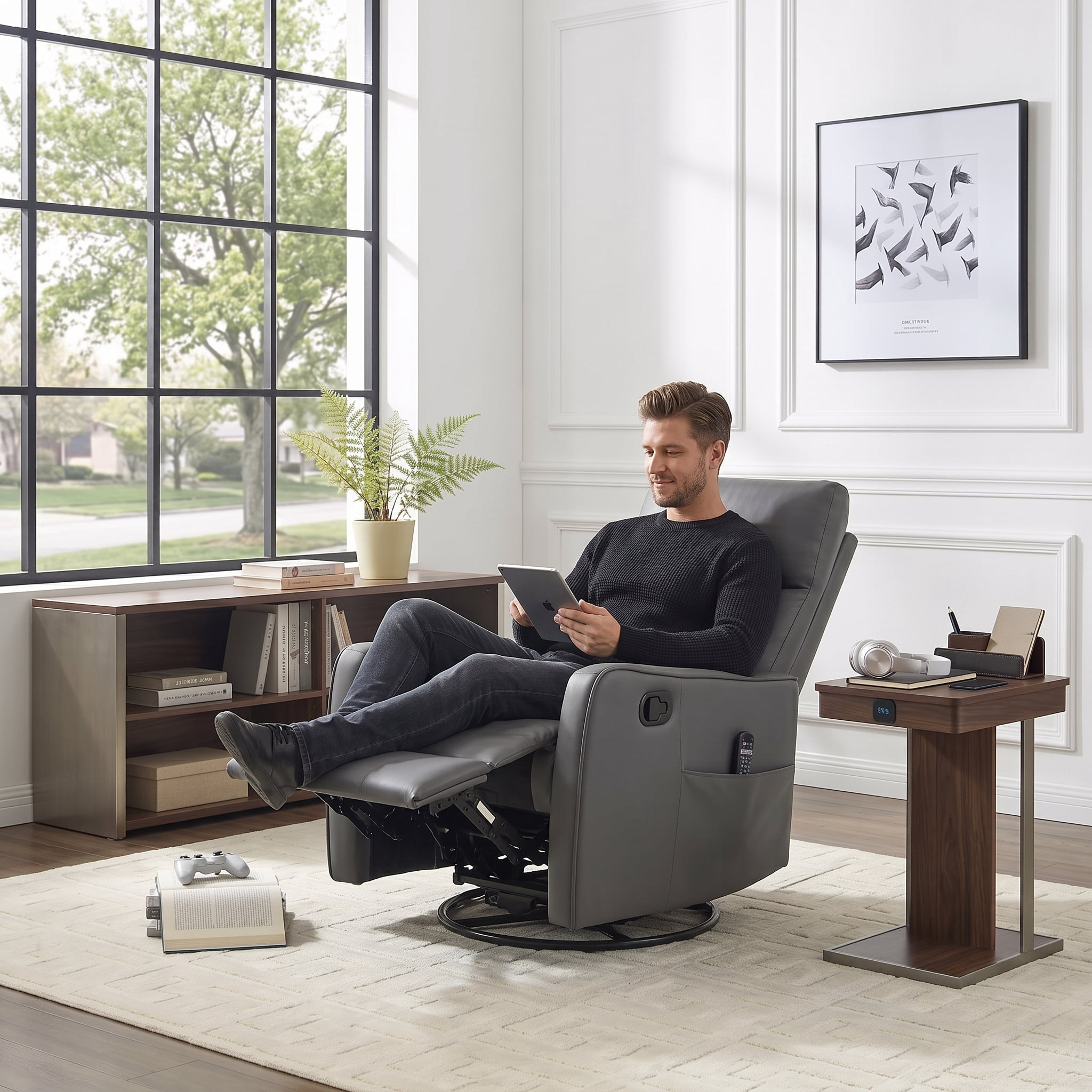 Aukfa Massage Recliner Chair with Heat, Faux Leather 360° Swivel Rocker Recliner, Overstuffed Manual Reclining Glider Chair with Vibration, Gray