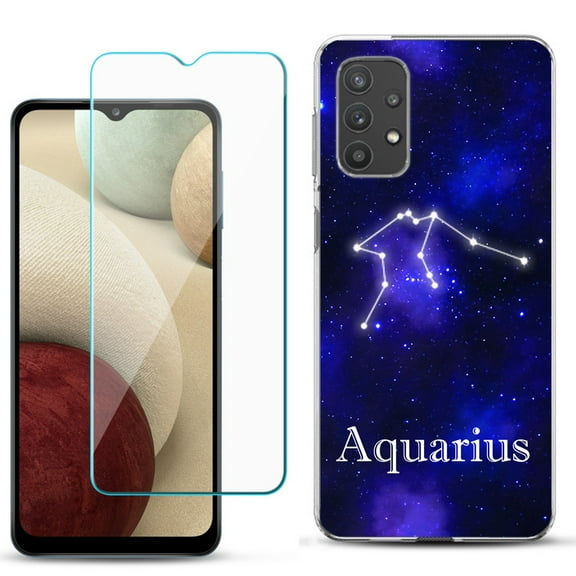 Slim-Fit TPU Phone Case compatible with Samsung Galaxy A32 5G, with Tempered Glass Screen Protector, by OneToughShield ® - Zodiac / Aquarius