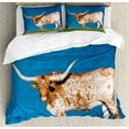 thumbnail image 1 of Longhorn Duvet Cover Set King Size, Female Cow on Grassland and Open Sky Farm Photo, 3 Piece Bedding Set with 2 Pillow Shams, Sea Blue Fern Green Pale Cinnamon Off White, by Ambesonne, 1 of 3