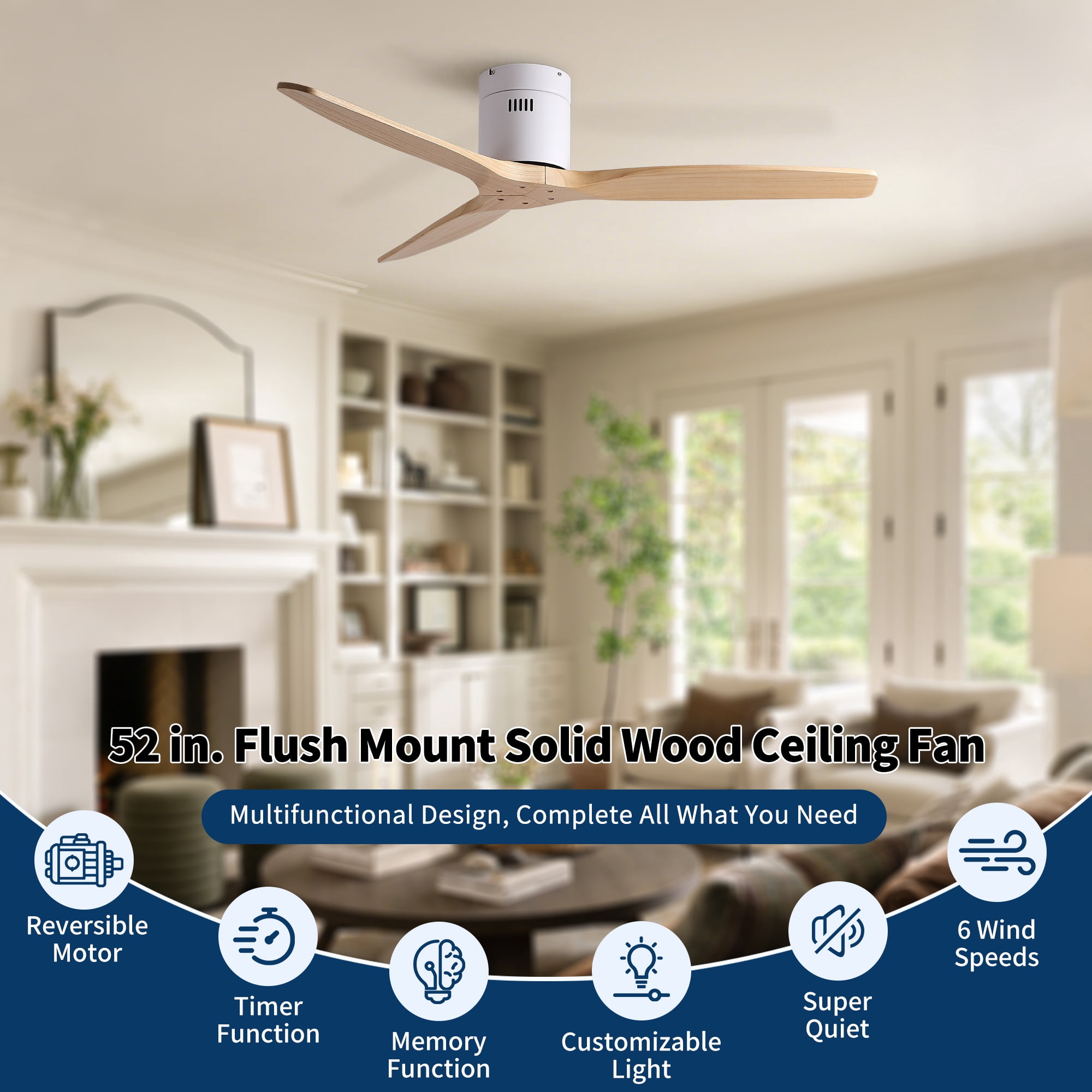 Leumius 52" Mordern Cozy Vibrant Natural Style Solid Wood Low Profile Flush Ceiling Fan without Light for Living Room Bedroom
