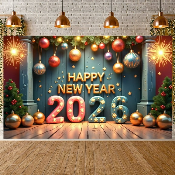 Golden Lettering Happy New Year Banner Colorful Ornaments New Year Display Star Pattern Pine Tree Decor 2026 Backdrop for New Year Party Holiday Gathering Indoor Decoration